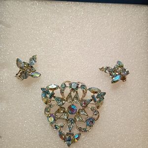 Vintage New Old Stock Bogoff Auquamarine And Silver Brooch And Clip On Earrings